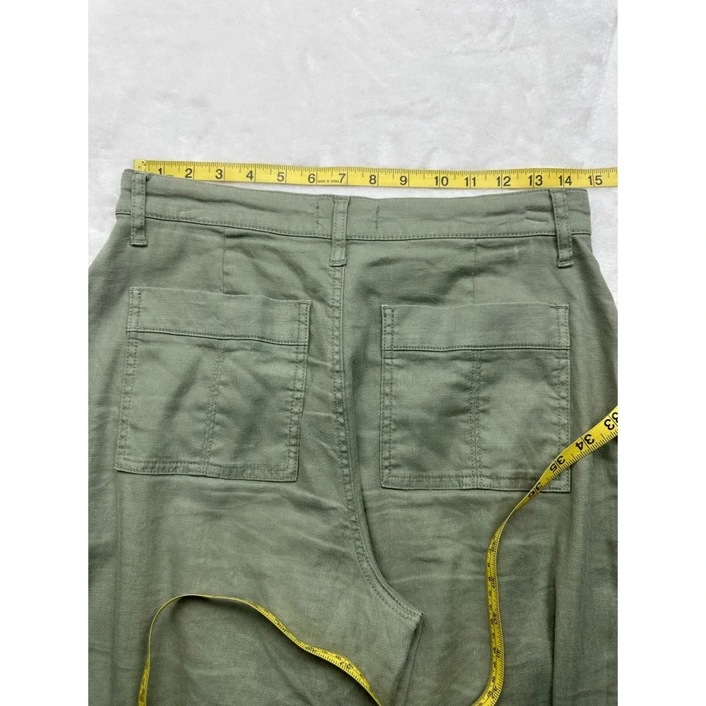 Evereve Wide Leg Pants Women 28 Green Linen Blend Button Fly Cropped Utility